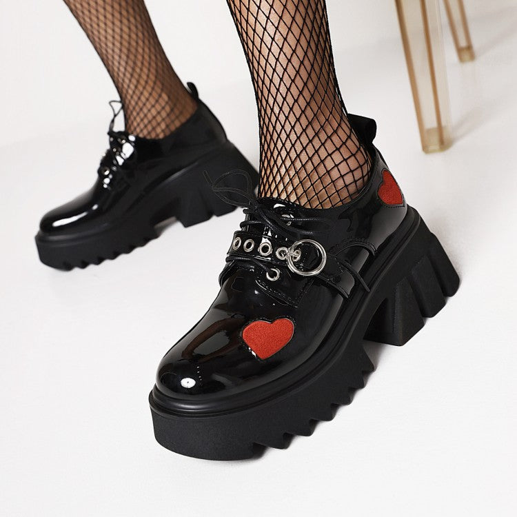 Women Love Hearts Buckle Straps Lace Up Block Heel Platform Derbies