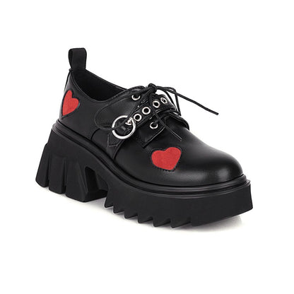 Women Love Hearts Buckle Straps Lace Up Block Heel Platform Derbies