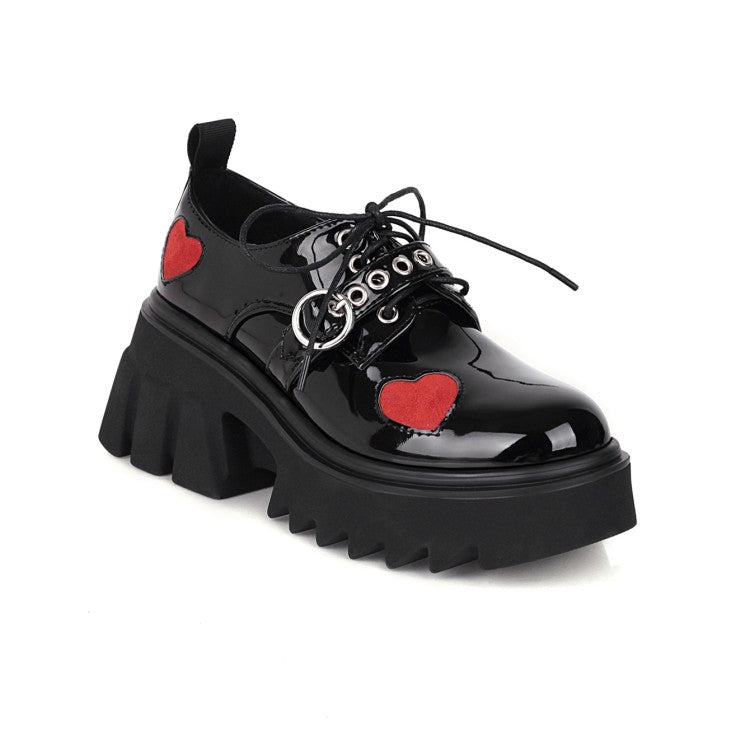 Women Love Hearts Buckle Straps Lace Up Block Heel Platform Derbies