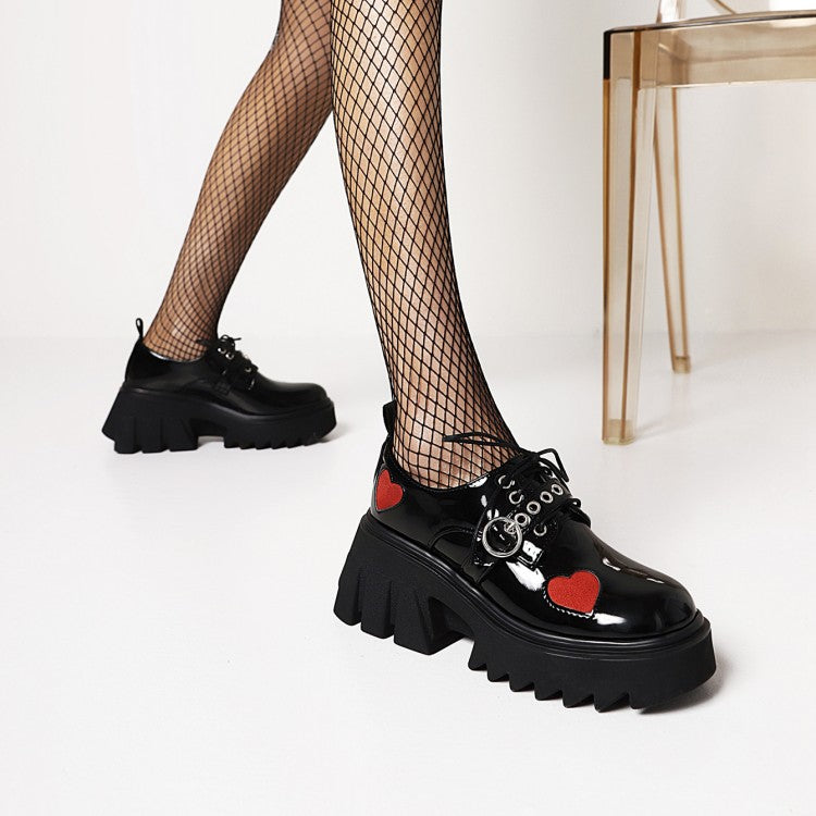 Women Love Hearts Buckle Straps Lace Up Block Heel Platform Derbies