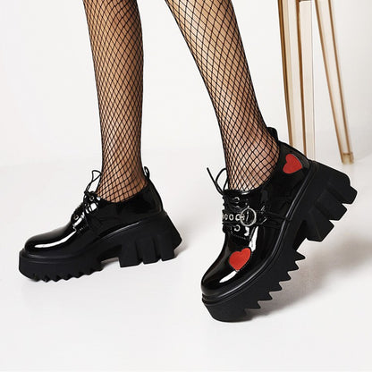 Women Love Hearts Buckle Straps Lace Up Block Heel Platform Derbies