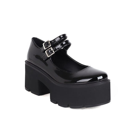 Women's Shallow Mary Janes Block Heel Platform Pumps