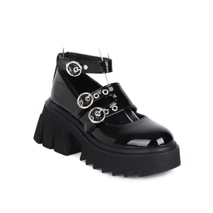 Women's Round Toe Mary Janes Buckle Straps Block Heel Platform Pumps