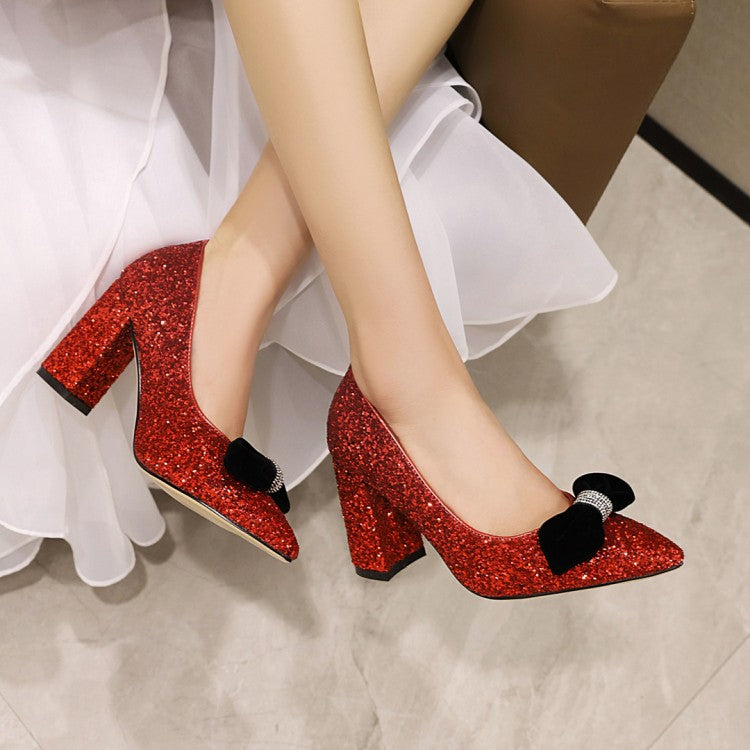 Ladies Pumps Bling Bling Sequins Pointed Toe Butterfly Knot Chunky Heel Wedding Shoes