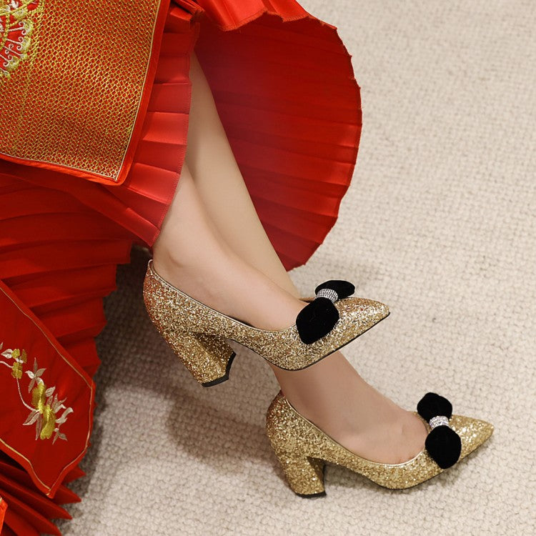 Ladies Pumps Bling Bling Sequins Pointed Toe Butterfly Knot Chunky Heel Wedding Shoes