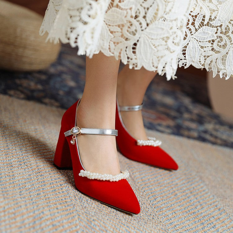 Ladies Pumps Pointed Toe Pearls Beading Ankle Strap Chunky Heel Wedding Shoes