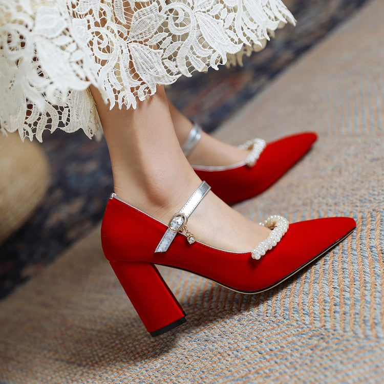 Ladies Pumps Pointed Toe Pearls Beading Ankle Strap Chunky Heel Wedding Shoes