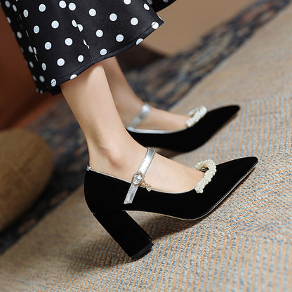 Ladies Pumps Pointed Toe Pearls Beading Ankle Strap Chunky Heel Wedding Shoes