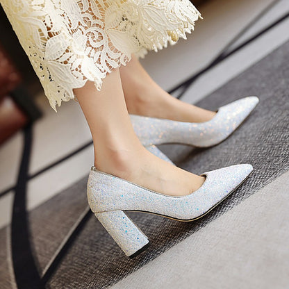 Ladies Pumps Bling Bling Sequins Pointed Toe Chunky Heel Wedding Shoes