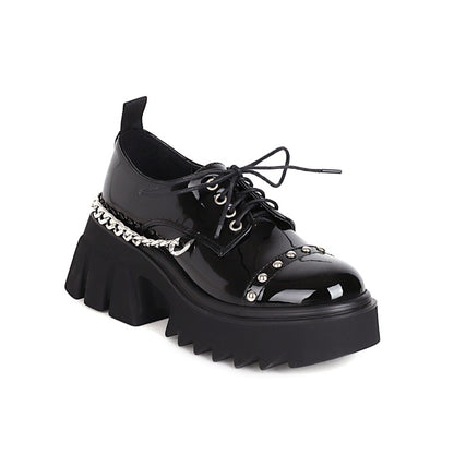 Women Pu Leather Round Toe Metal Rivets Lace Up Chains Block Heel Platform Derbies