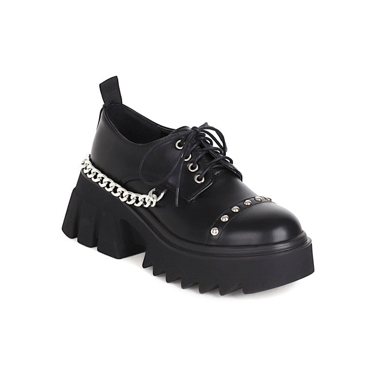 Women Pu Leather Round Toe Metal Rivets Lace Up Chains Block Heel Platform Derbies