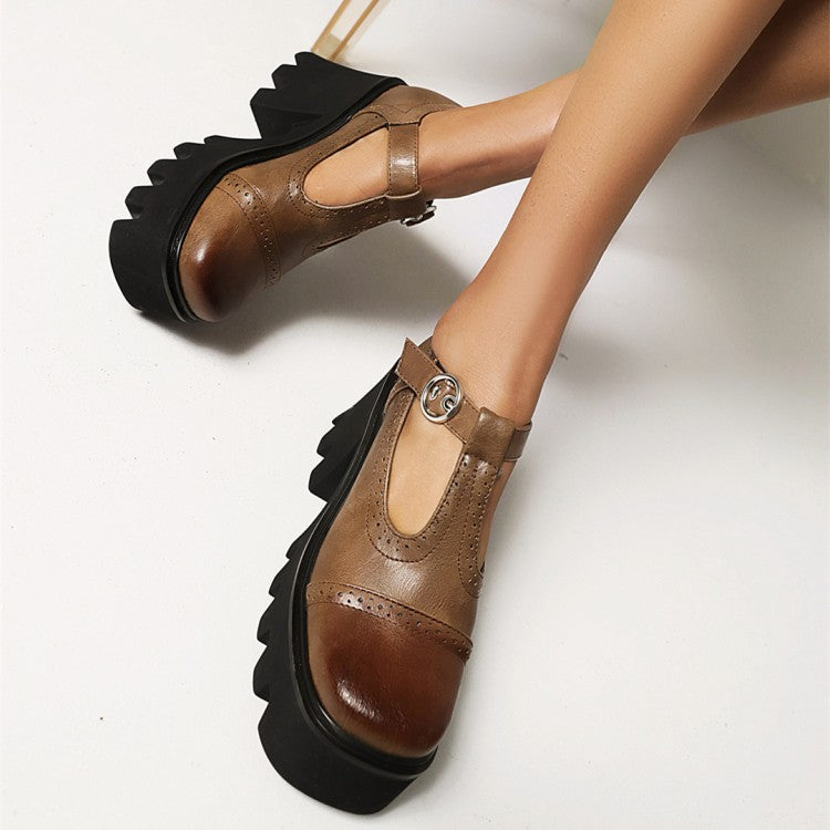 Women's Square Toe T Strap Block Heel Platform Pumps
