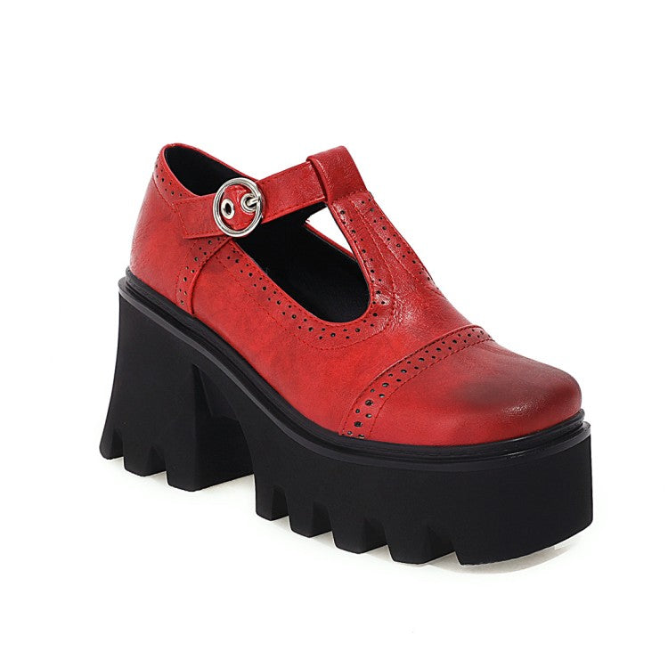 Women's Square Toe T Strap Block Heel Platform Pumps