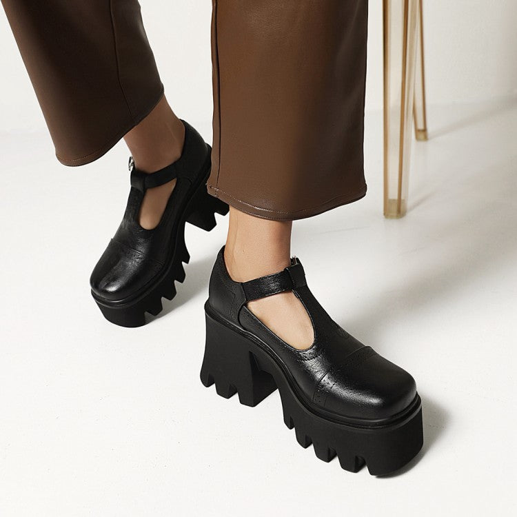 Women's Square Toe T Strap Block Heel Platform Pumps