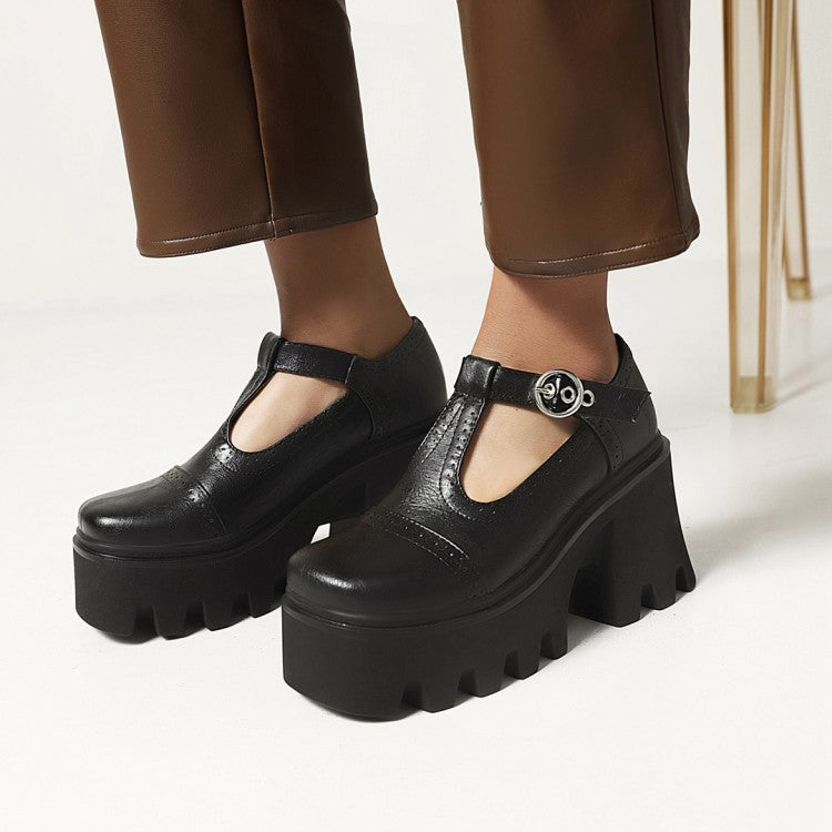 Women's Square Toe T Strap Block Heel Platform Pumps