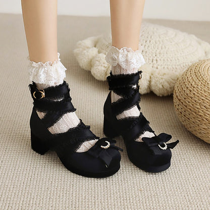 Ladies Lolita Round Toe Butterfly Knot Cross Lace Strap High Heels Chunky Heel Platform Sandals