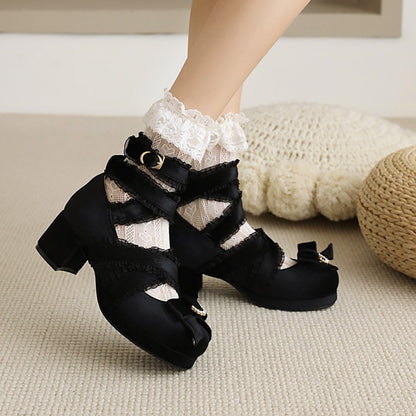 Ladies Lolita Round Toe Butterfly Knot Cross Lace Strap High Heels Chunky Heel Platform Sandals