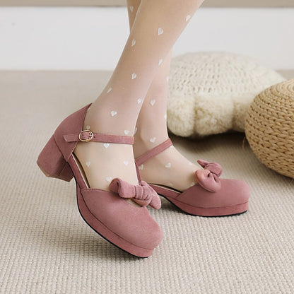 Ladies Lolita Suede Butterfly Knot Hollow Out Round Toe Block Heel Low Heels Sandals