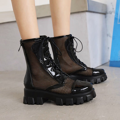 Glossy Round Toe Mesh Lace-Up Block Chunky Heel Platform Short Boots for Women