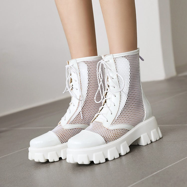 Glossy Round Toe Mesh Lace-Up Block Chunky Heel Platform Short Boots for Women