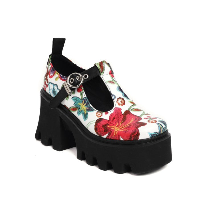 Women's Flora Printed T Strap Buckle Straps Block Heel Platform Pumps