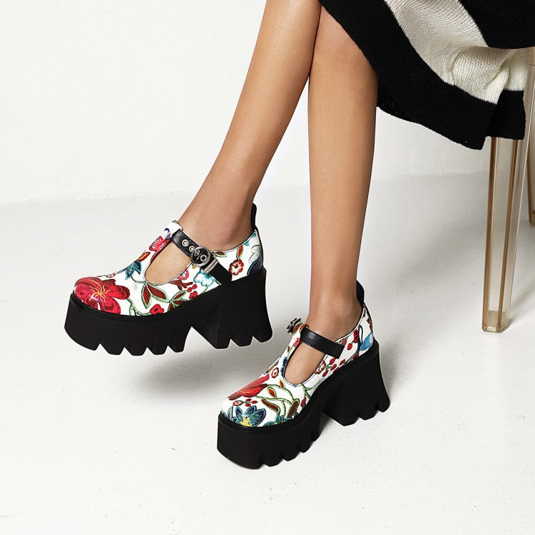 Women's Flora Printed T Strap Buckle Straps Block Heel Platform Pumps