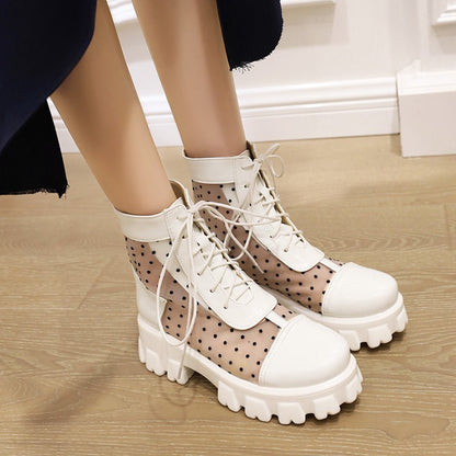 Round Toe Clear Lace-Up Block Chunky Heel Platform Short Boots for Women