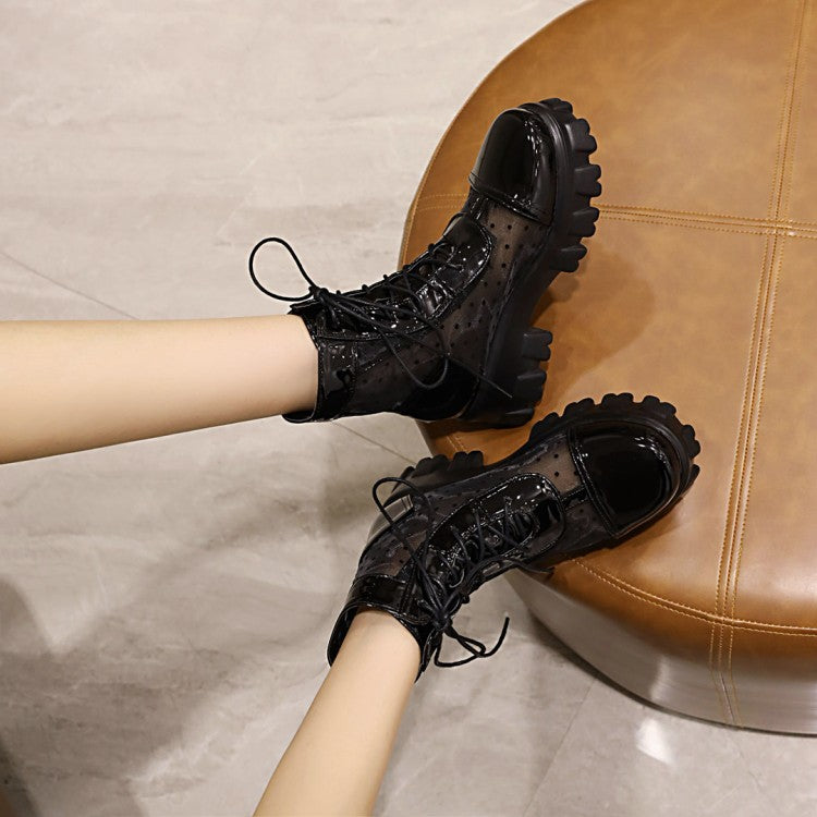 Round Toe Clear Lace-Up Block Chunky Heel Platform Short Boots for Women