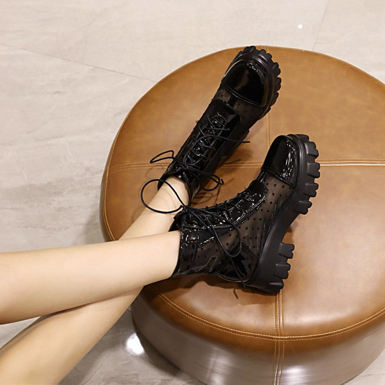 Round Toe Clear Lace-Up Block Chunky Heel Platform Short Boots for Women