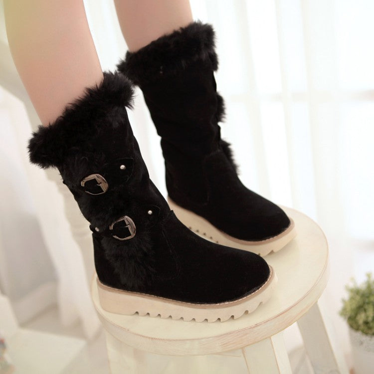 Round Toe Buckle Straps Flat Platform Mid-Calf Boots for Women