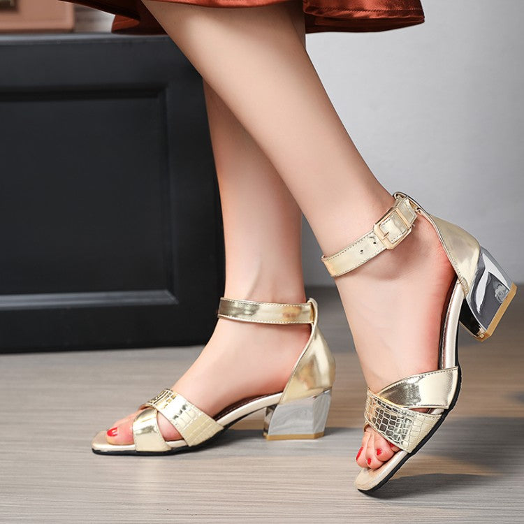 Ladies Snake Print Ankle Strap Buckle Square Toe Chunky Medium Heel Sandals