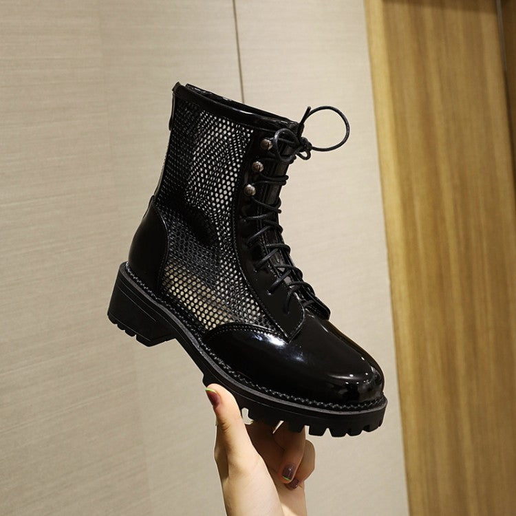 Round Toe Mesh Lace-Up Block Chunky Heel Platform Short Boots for Women