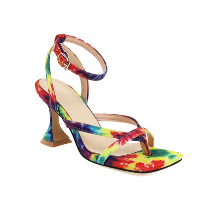 Ladies Colorful Square Toe Ankle Strap Spool Heel Sandals