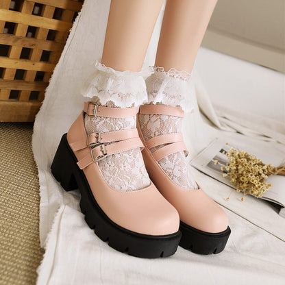 Ladies Mary Jane Platform Block Heels Pumps