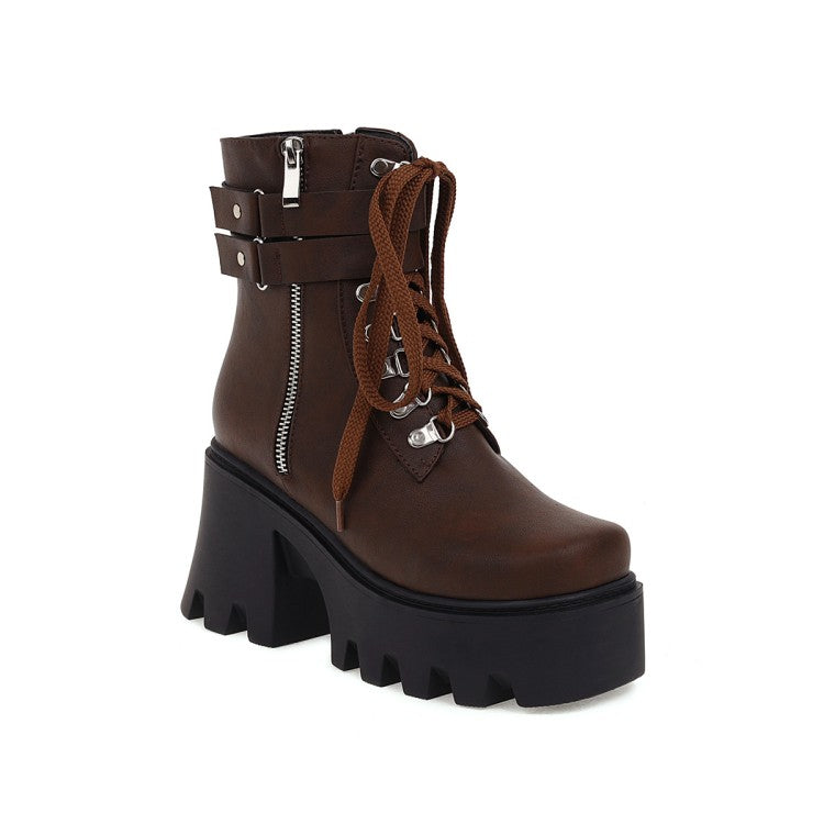 Ladies Pu Leather Square Toe Tied Belts Buckles Side Zippers Chunky Heel Platform Short Boots