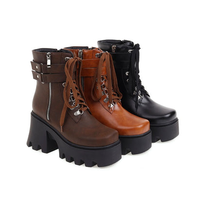 Ladies Pu Leather Square Toe Tied Belts Buckles Side Zippers Chunky Heel Platform Short Boots