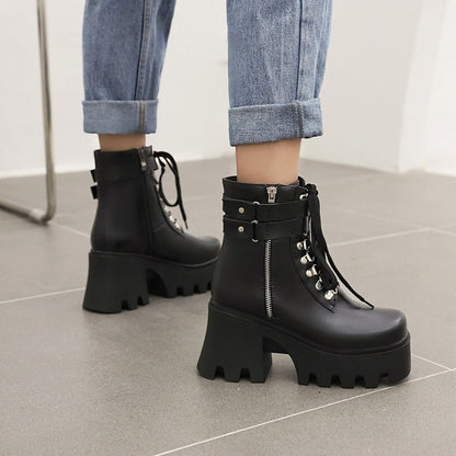 Ladies Pu Leather Square Toe Tied Belts Buckles Side Zippers Chunky Heel Platform Short Boots