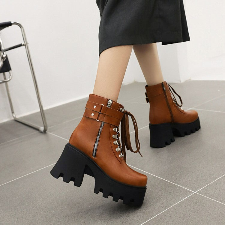 Ladies Pu Leather Square Toe Tied Belts Buckles Side Zippers Chunky Heel Platform Short Boots