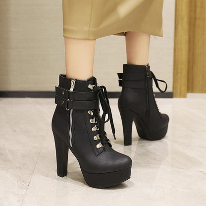 Ladies Pu Leather Belts Buckles Lace Up Side Zippers Chunky Heel Platform Short Boots