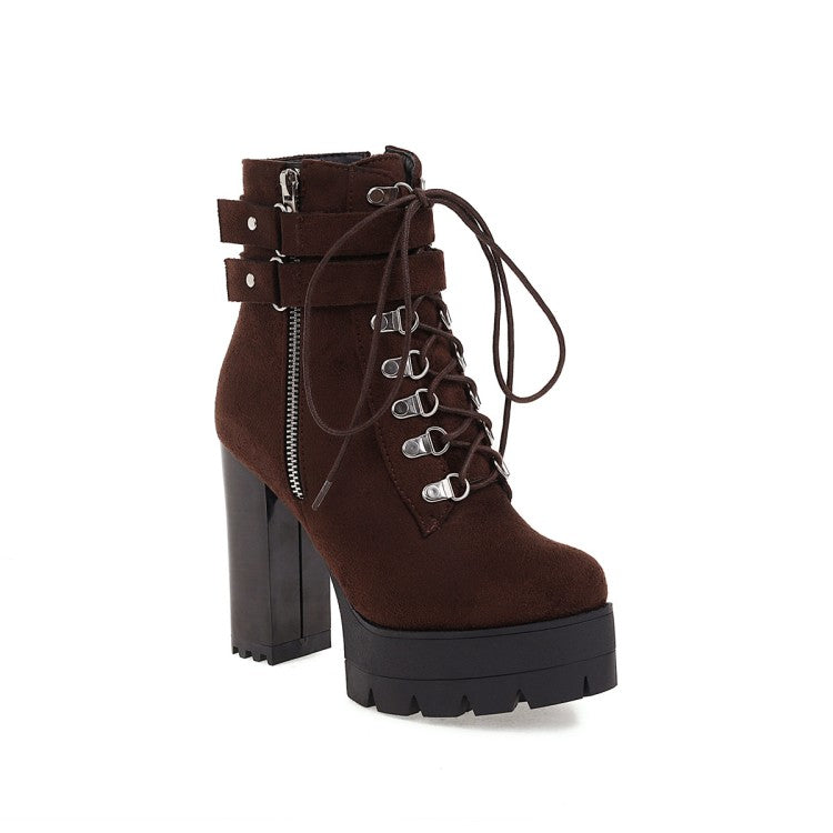 Ladies Suede Round Toe Tied Belts Side Zippers Buckles Chunky Heel Platform Short Boots