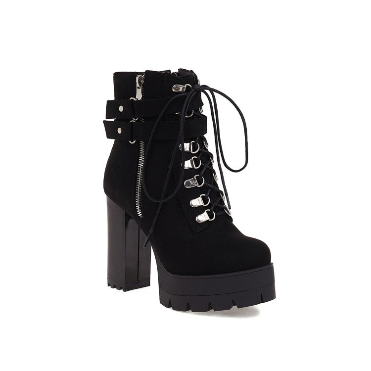 Ladies Suede Round Toe Tied Belts Side Zippers Buckles Chunky Heel Platform Short Boots