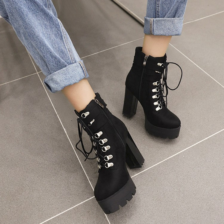 Ladies Suede Round Toe Tied Belts Side Zippers Buckles Chunky Heel Platform Short Boots