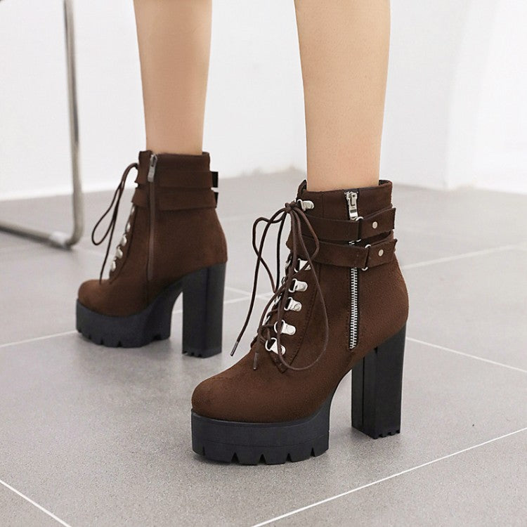 Ladies Suede Round Toe Tied Belts Side Zippers Buckles Chunky Heel Platform Short Boots