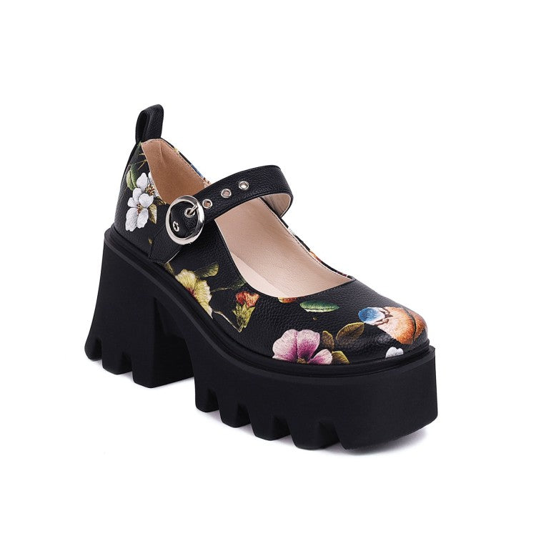 Ladies Flower Printed Mary Jane Platform Block Heels Pumps