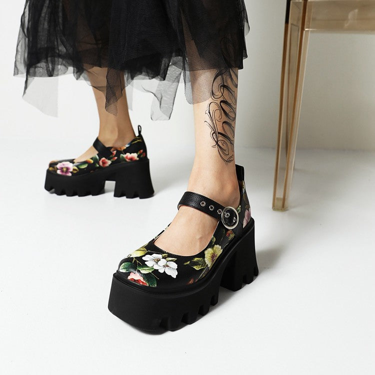 Ladies Flower Printed Mary Jane Platform Block Heels Pumps