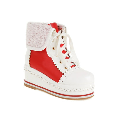 Ladies Pu Leather Round Toe Stitching Tied Belts Fold Lamb Wool Platform Wedge Short Boots