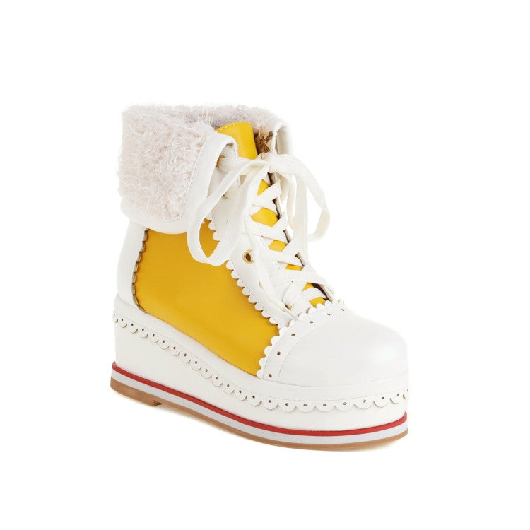 Ladies Pu Leather Round Toe Stitching Tied Belts Fold Lamb Wool Platform Wedge Short Boots