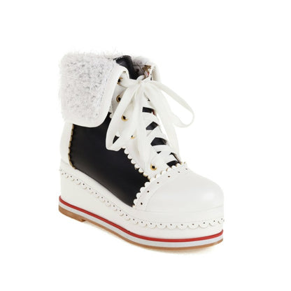 Ladies Pu Leather Round Toe Stitching Tied Belts Fold Lamb Wool Platform Wedge Short Boots