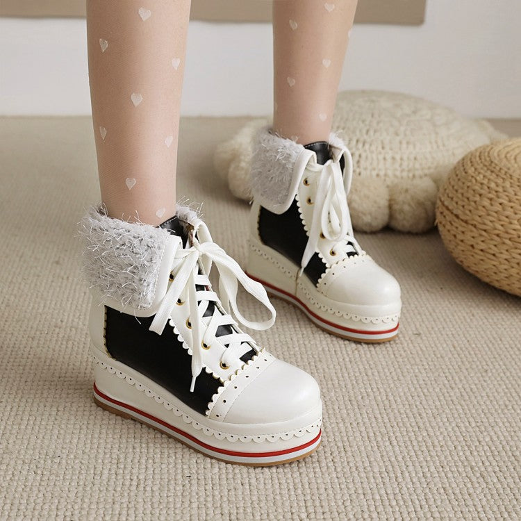 Ladies Pu Leather Round Toe Stitching Tied Belts Fold Lamb Wool Platform Wedge Short Boots