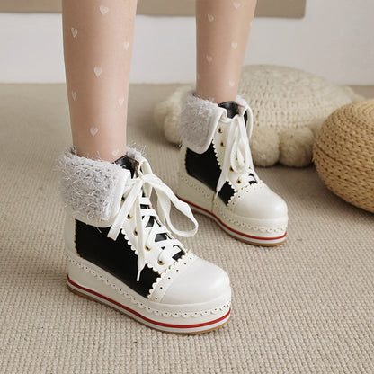 Ladies Pu Leather Round Toe Stitching Tied Belts Fold Lamb Wool Platform Wedge Short Boots